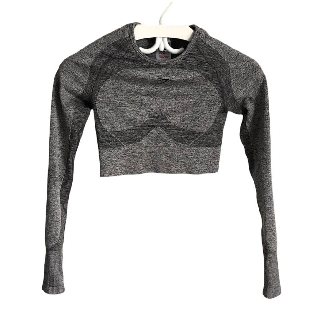 GYMSHARK Heathered Gray Cropped Compression Long Sleeve Top Cut Out Back Size S
